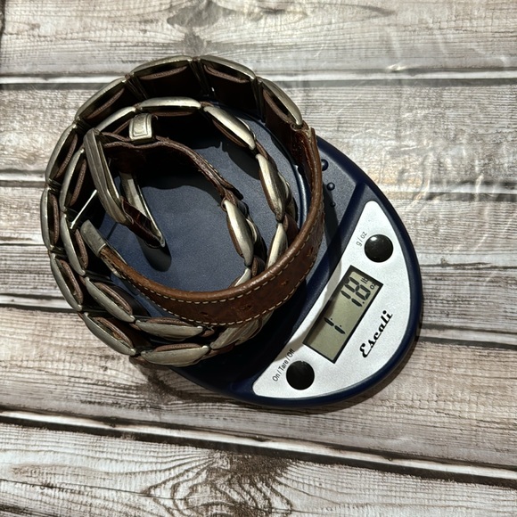 Vintage Genuine Leather Brown Unique Silvertone Embellished Woven Heavy Belt - Picture 11 of 17